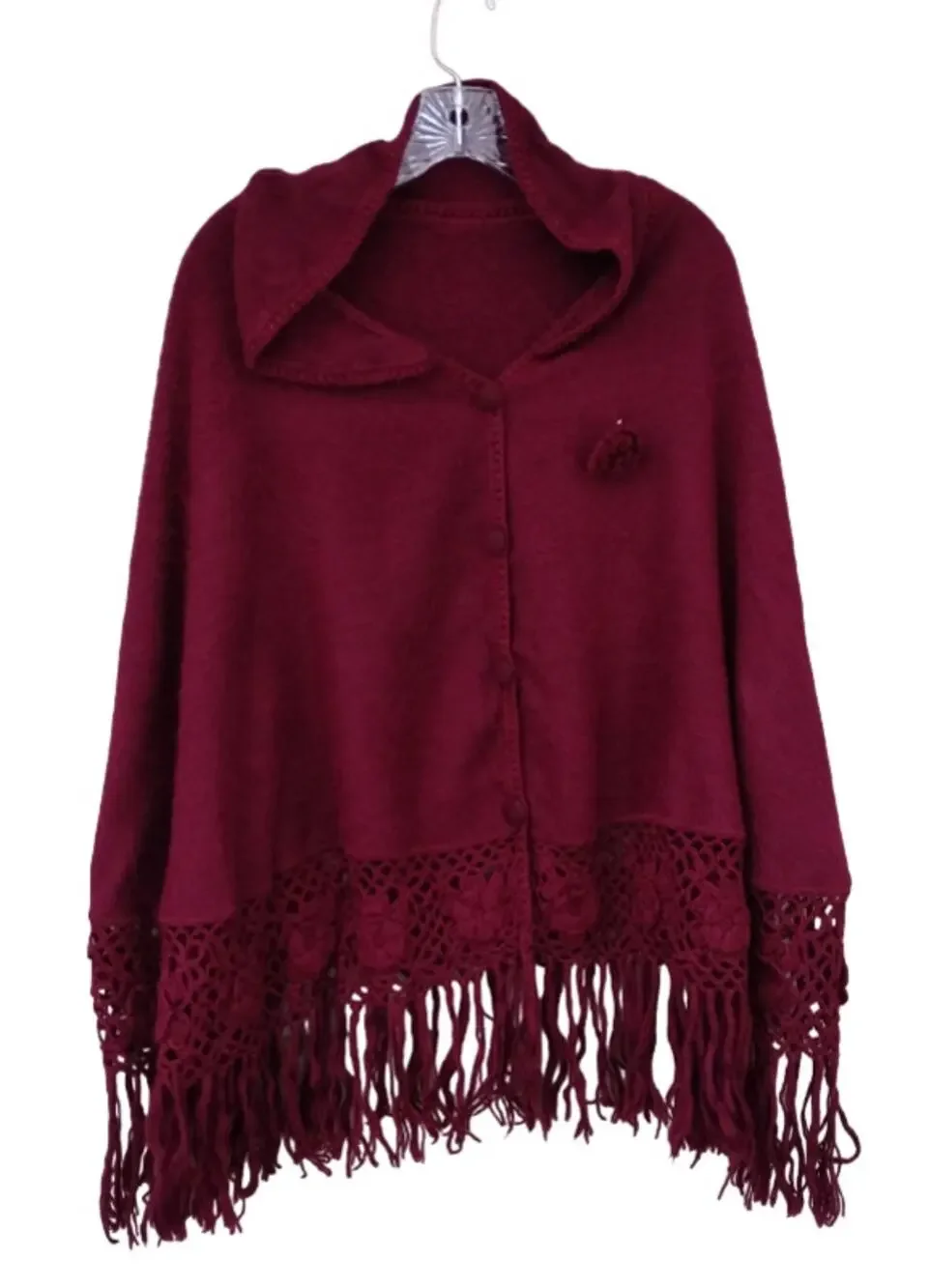 Alpaca Peru Diana Poncho Cloak Cape Crochet Fringe Brushed Rustic Burgundy O/S